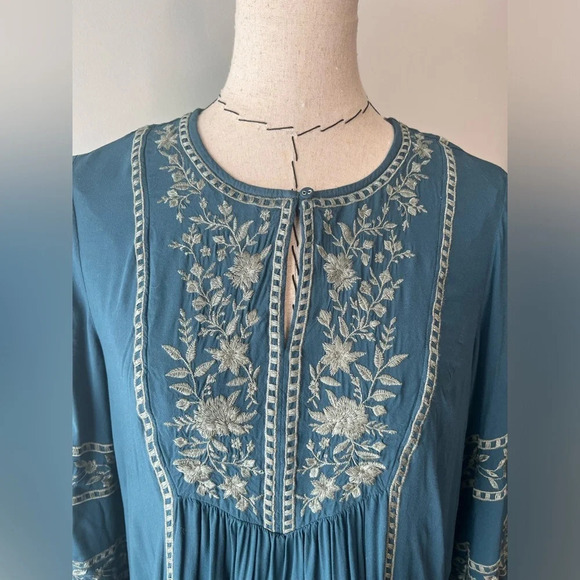 J. Jill Vicose Teal Peasant Style Tunic Blouse, Green Embroidery relaxed sz S - Picture 2 of 10
